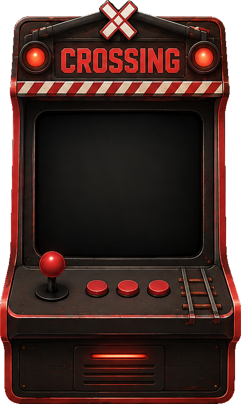 The Hopper Crossing arcade cabinet, a red machine with a lit screen