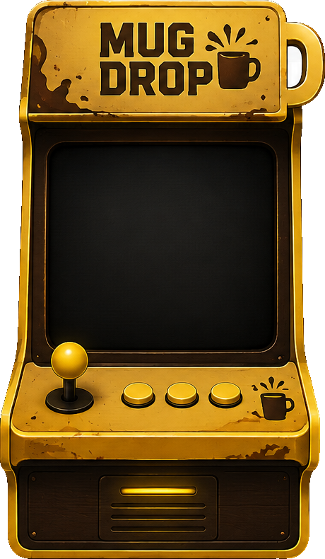 The Mug Drop arcade cabinet, a gold machine with a lit screen