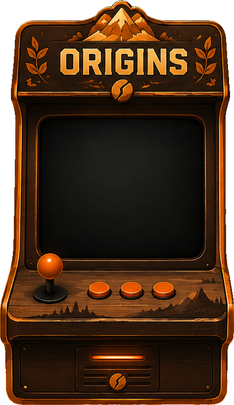 The Origins arcade cabinet, an orange machine with a lit screen